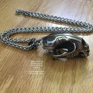 Sabre-Toothed Tiger Smilodon Big Cat Dinosaur Skull Stainless Pendant & Chain